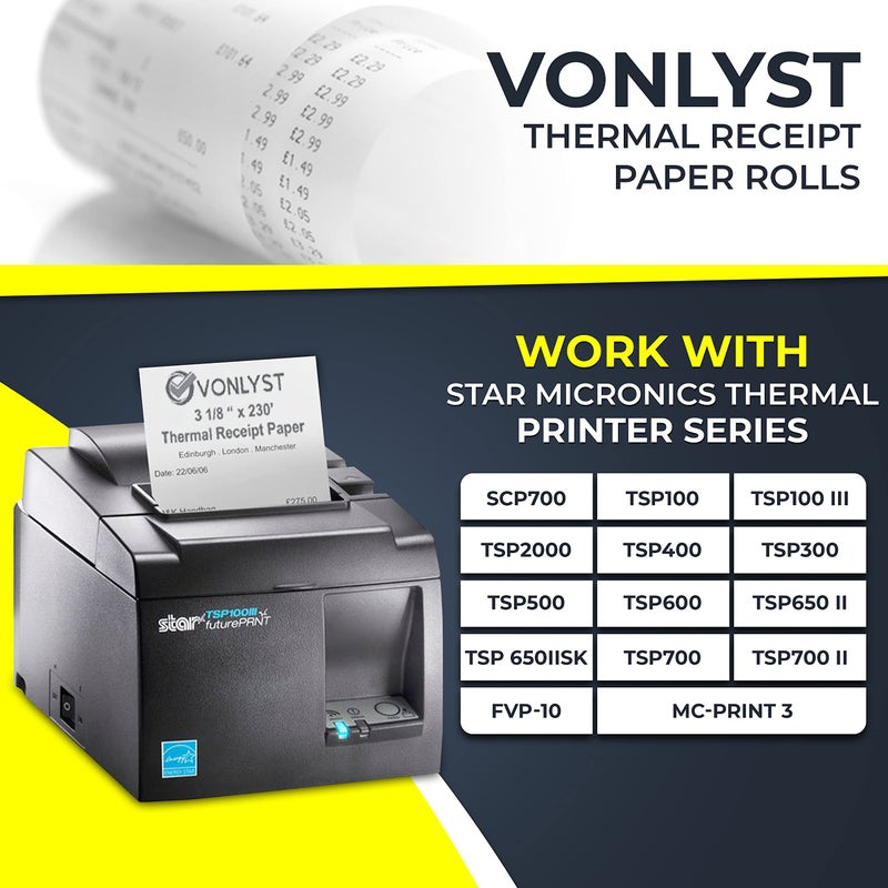 Vonlyst Receipt Paper Roll 3 1/8 x 230 for Square Register and Square POS System connected to Star Micronics Thermal Printer (Pack 12 rolls) - Image 2